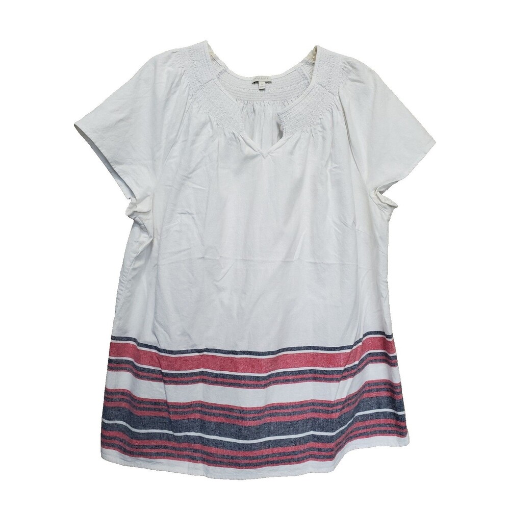 Talbots Plus Linen/Cotton Border Print Smocked Neck Short Sleeve Tunic Size 2X